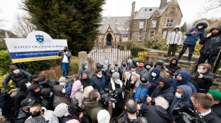 File image of protests outside Batley Grammar School over a teacher's use of caricatures of Prophet Muhammad.